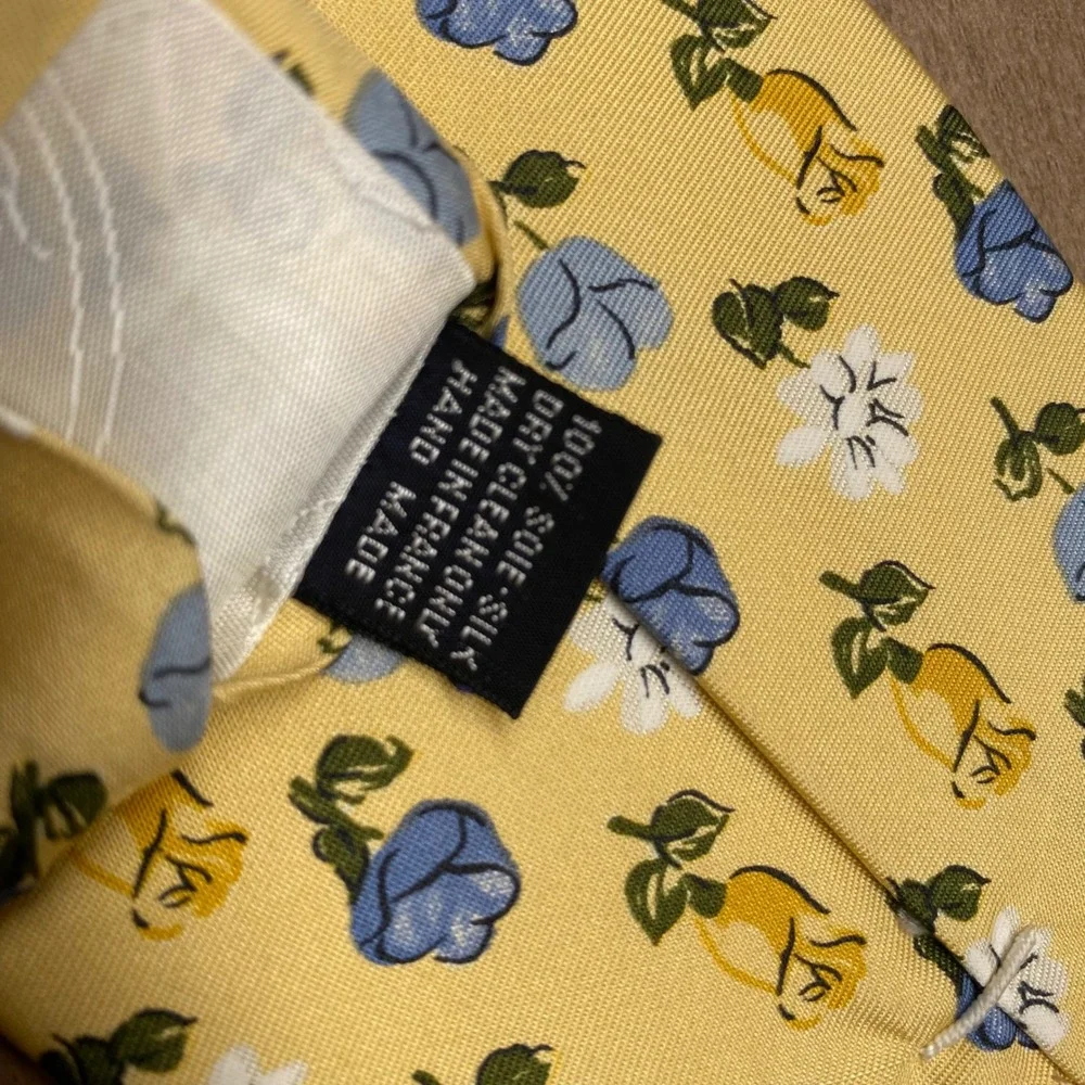 Faconnable Mens Silk Tie Yellow Blue Floral Rose Pattern Handmade in France‎